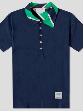 Thom Browne Black Polo with Green and White Striped Collar. Size 4/XL men.